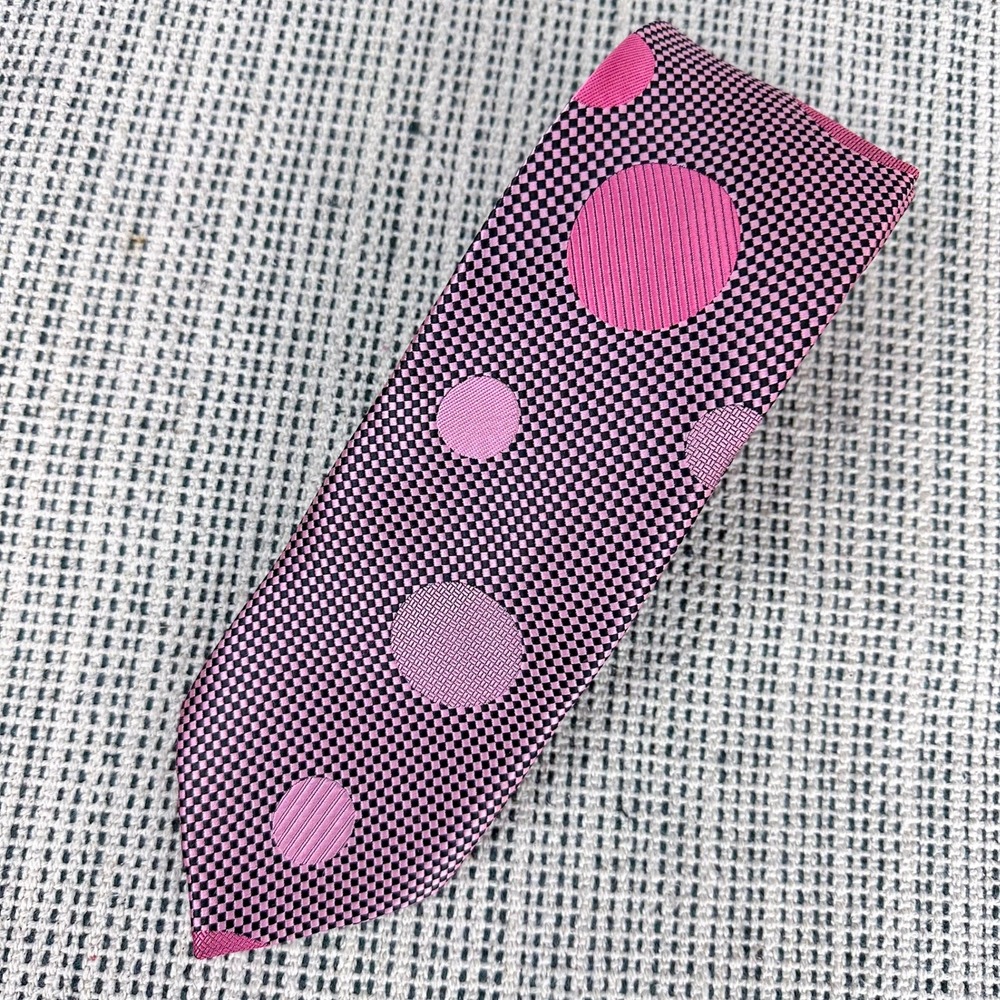 Bruno Conte Necktie Mens Pink Black Checkered Polka Dot Microfiber Retro Tie Art